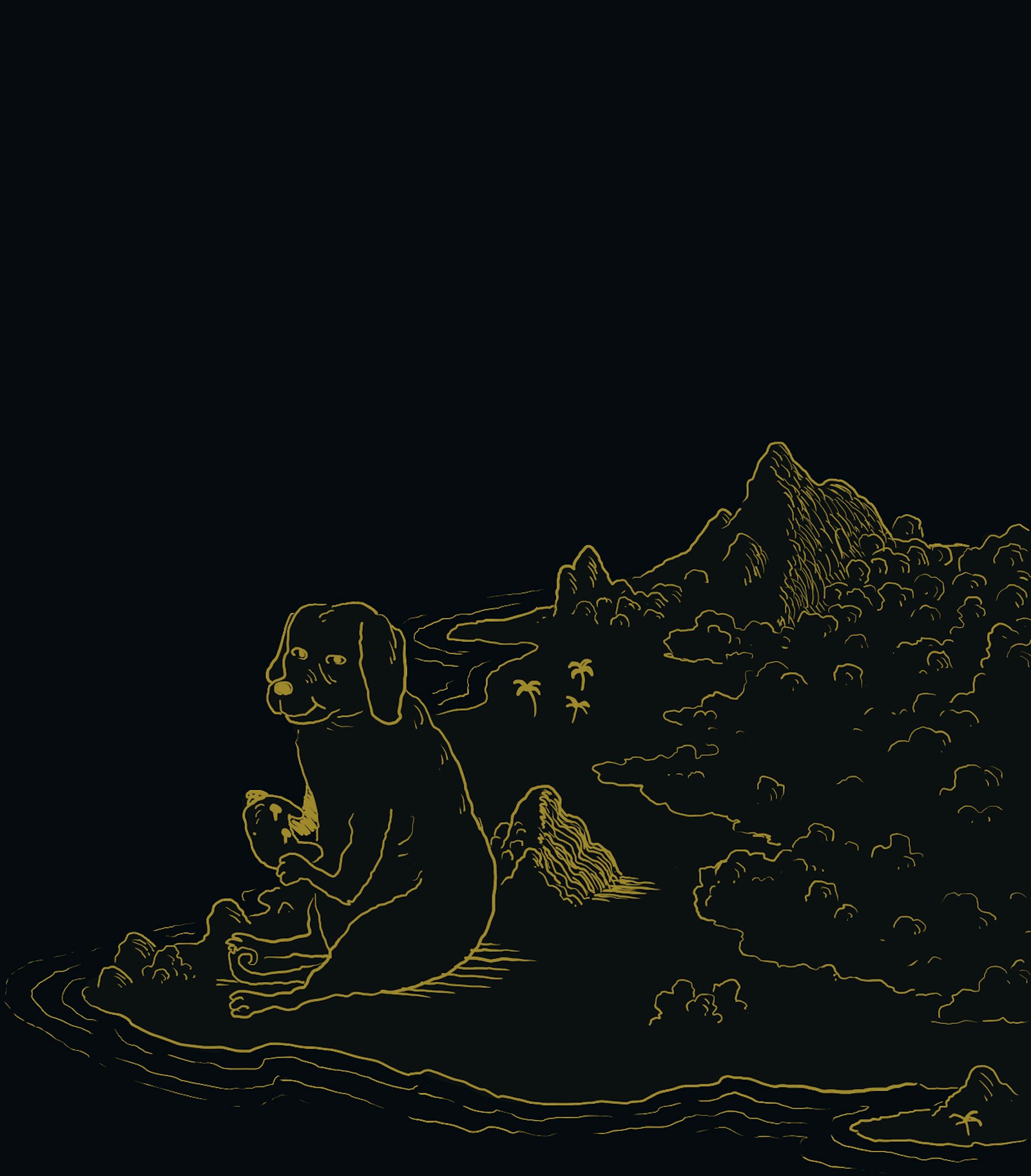 Gold line drawing of a dog sitting and looking toward a mountainous horizon with clouds, trees, and a distant sun on a dark background.