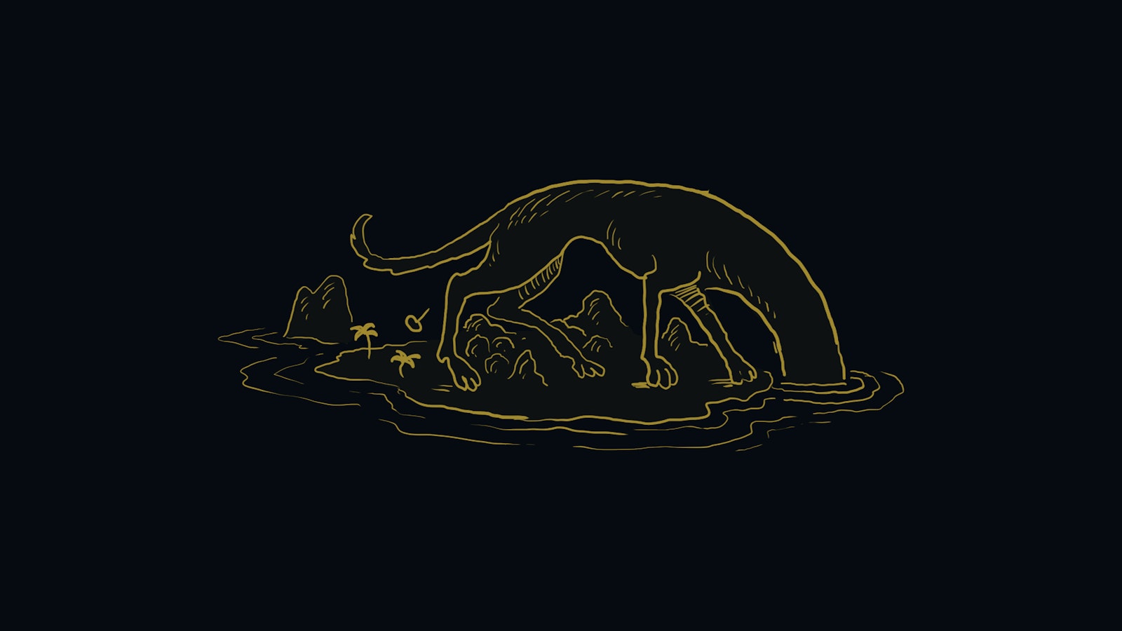 Gold line illustration of a dog with head under water, surrounded by nature, on a dark blue background.