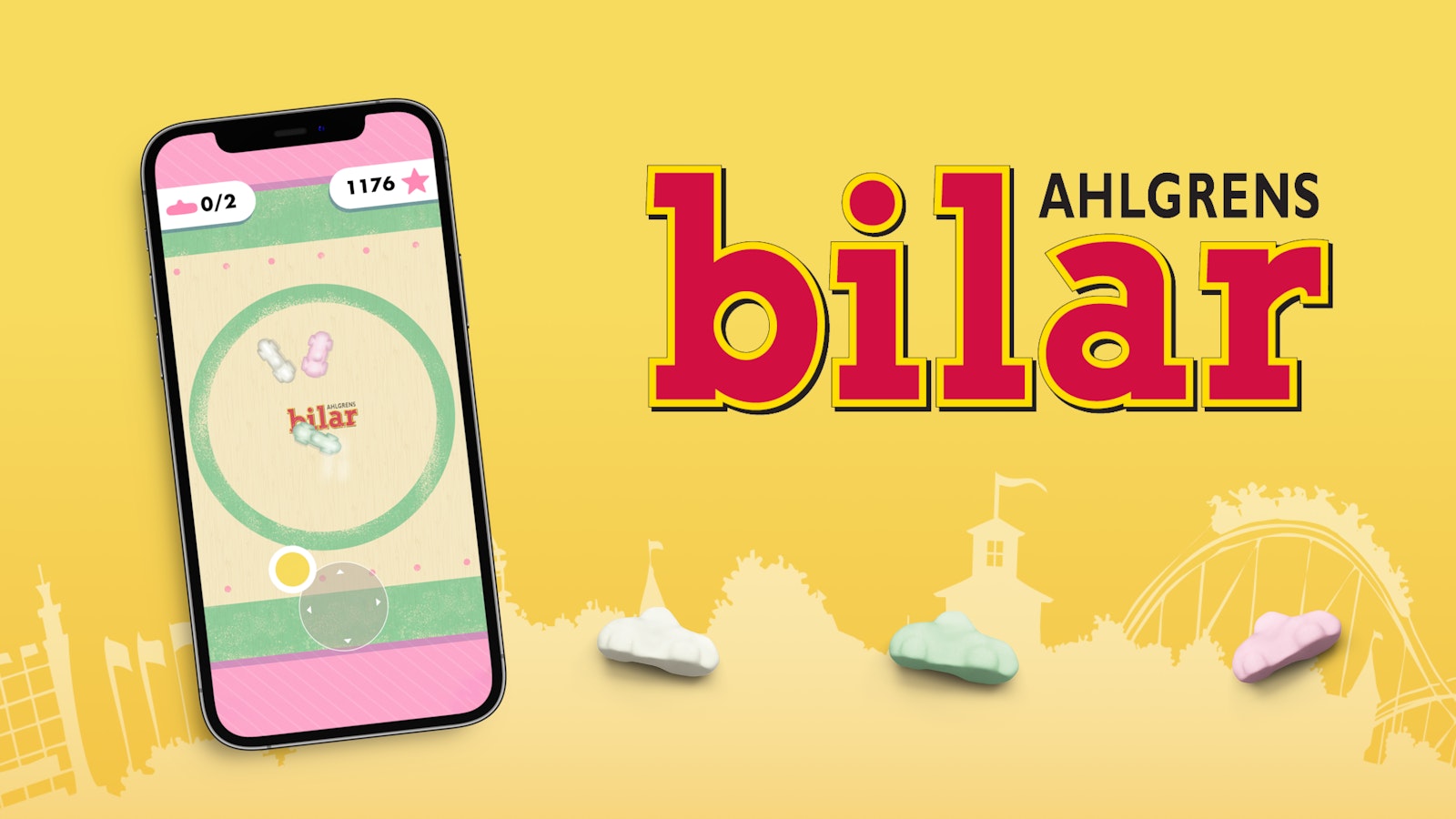 Ahlgrens Bilar mobile game interface with foam candy cars and amusement park backdrop."