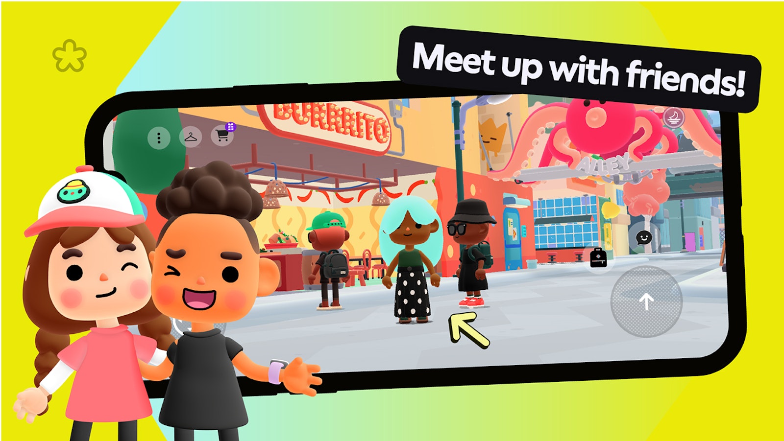 Two animated characters smiling in a colorful virtual environment with friends in the background.