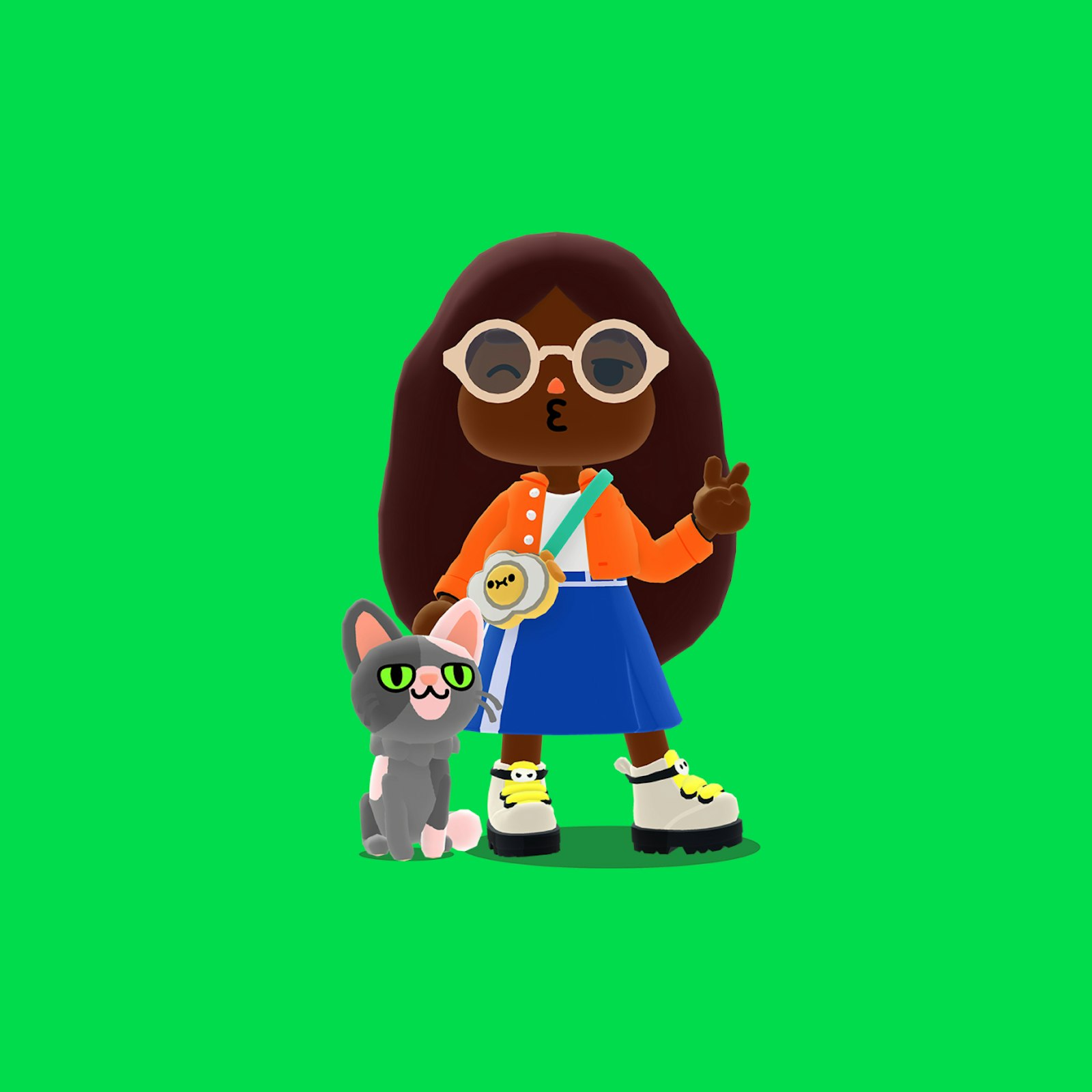 A character with long brown hair, sunglasses, and an orange jacket stands next to a gray cat, both smiling.