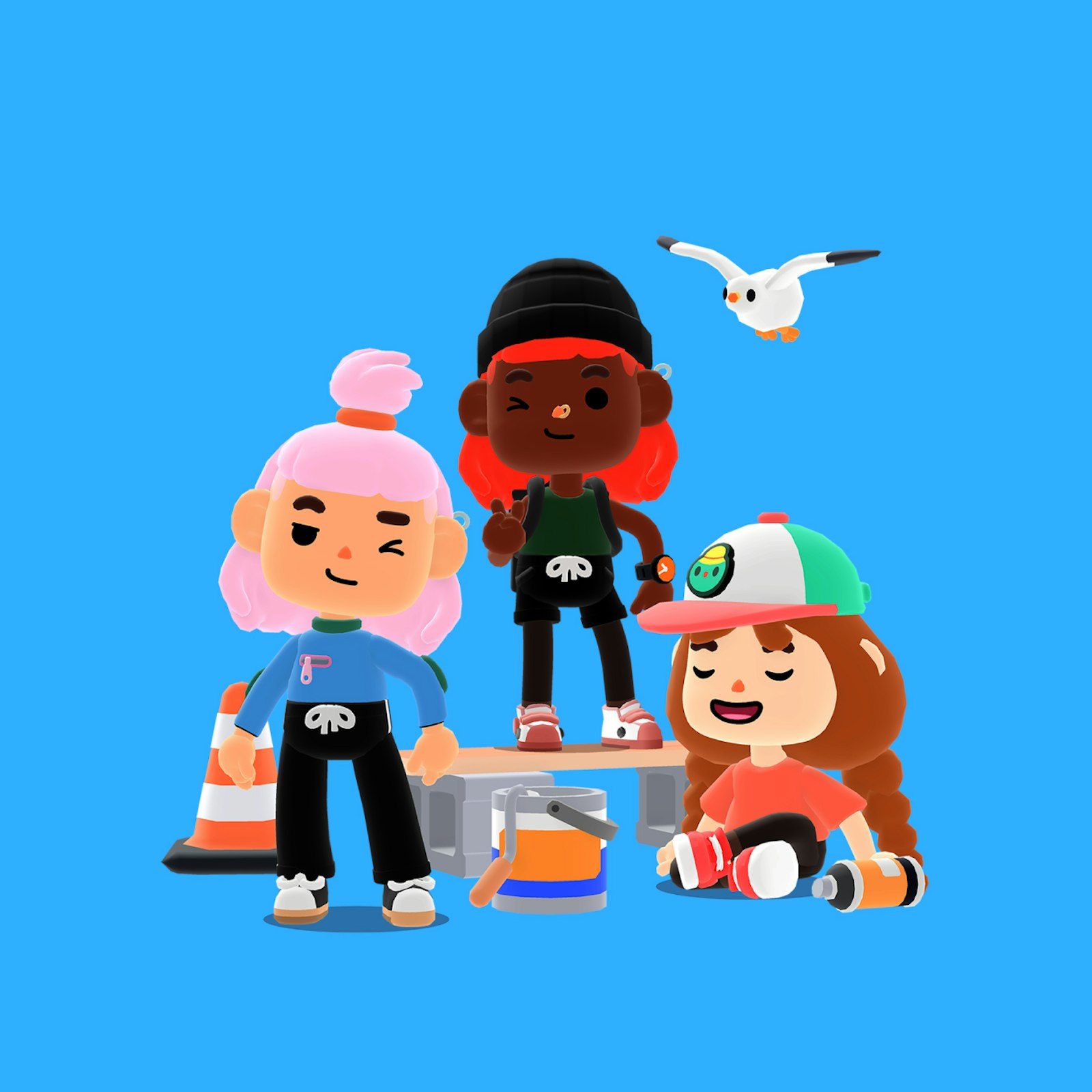 Three animated characters with colorful hairstyles and outfits, standing against a blue background. A seagull flies above.