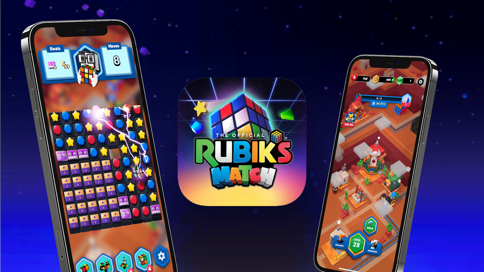 Two smartphones displaying gameplay of Rubik's Match with the game logo in the center.