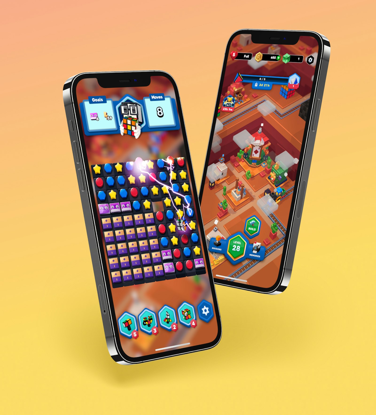 Two smartphones displaying colorful game interfaces with grids and icons.