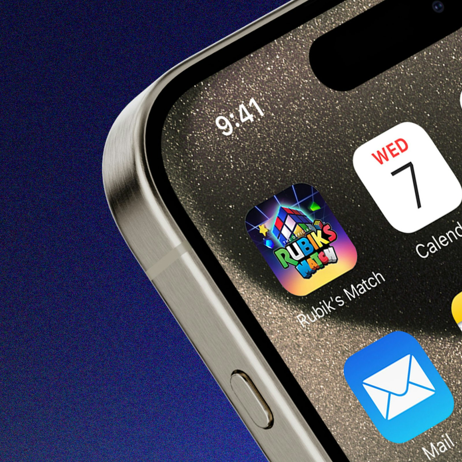 Close-up of a smartphone screen showing the time 9:41 and app icons including Rubik's Match and Calendar.