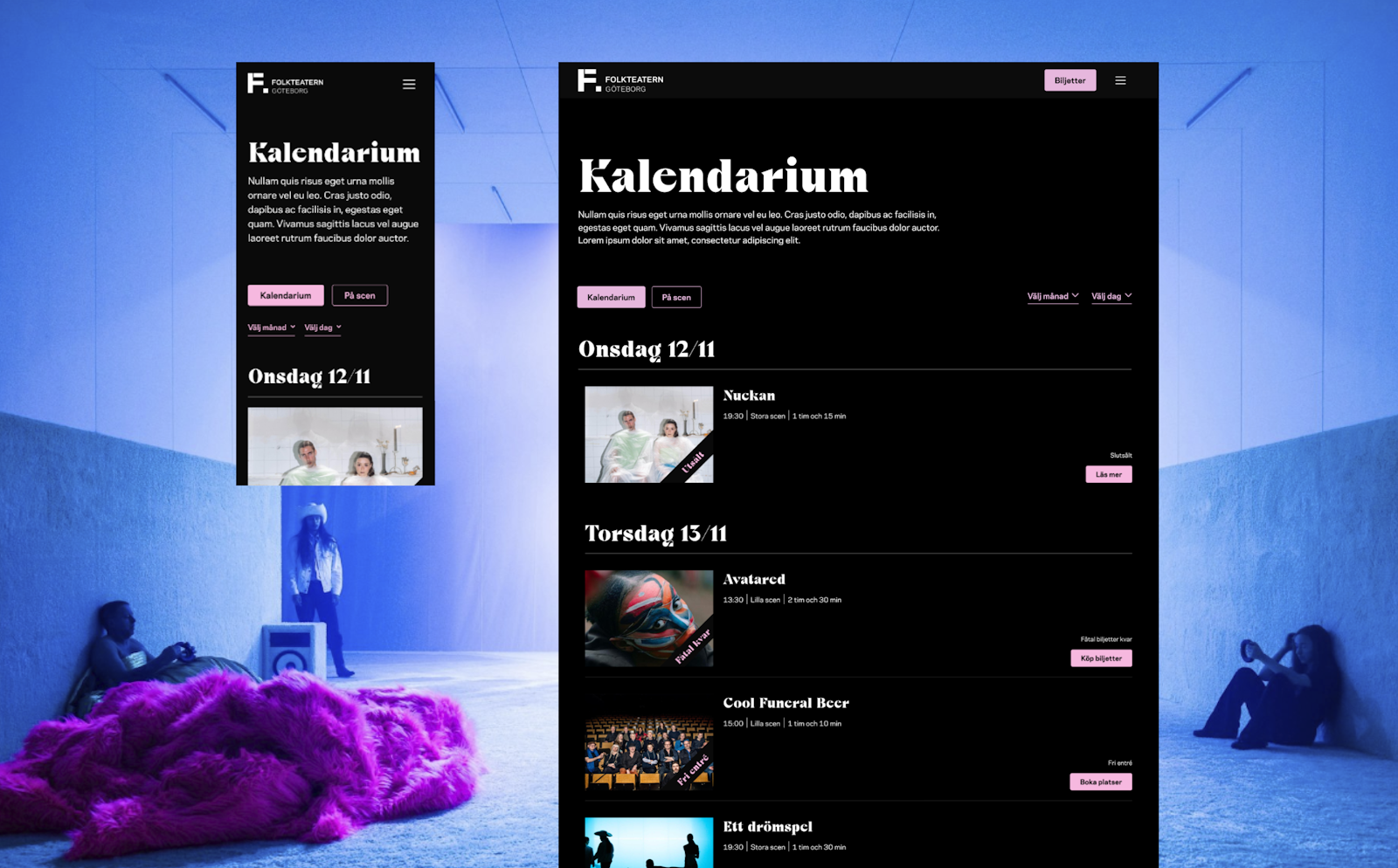 Event calendar webpage with dates and event titles, featuring a pink fur rug and people in a modern space.
