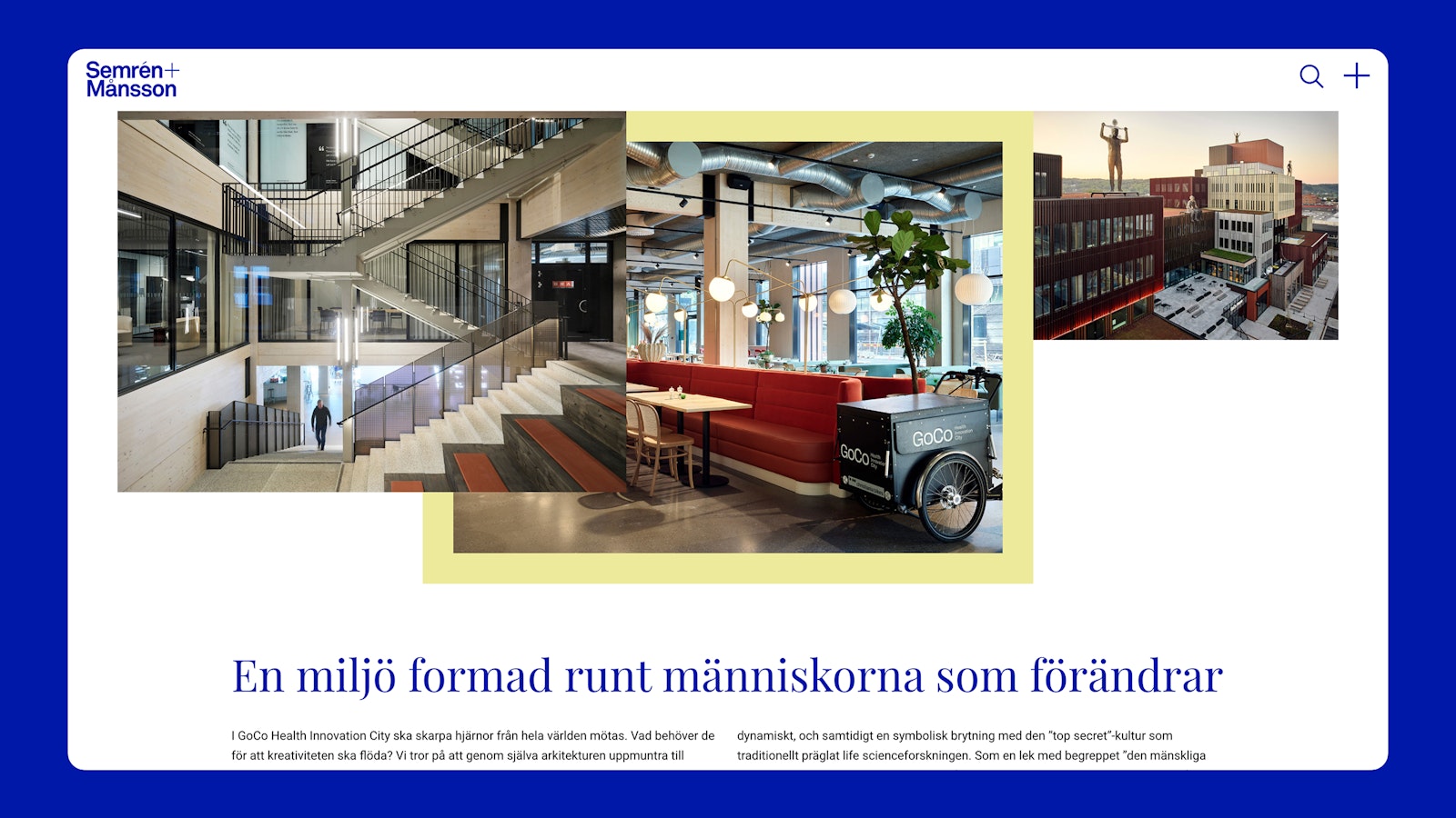 Collage of a modern building interior, featuring stairs, seating areas, and a bicycle cart, with text about a health innov...