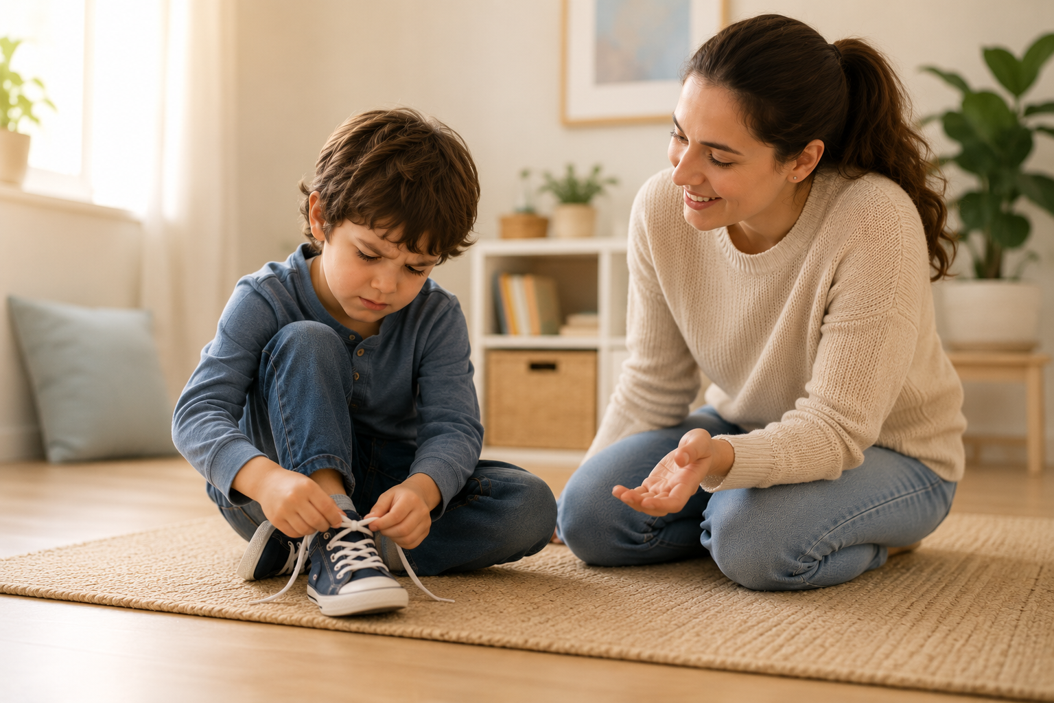 A child tying their shoelaces