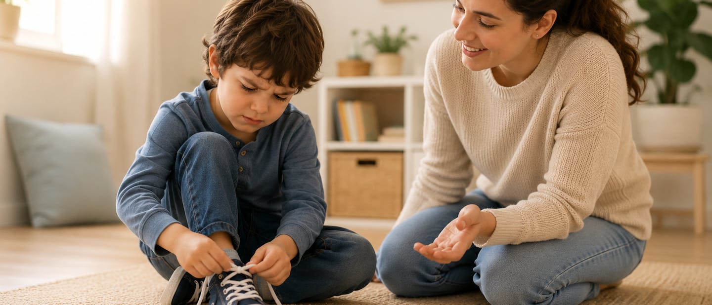 A child tying their shoelaces