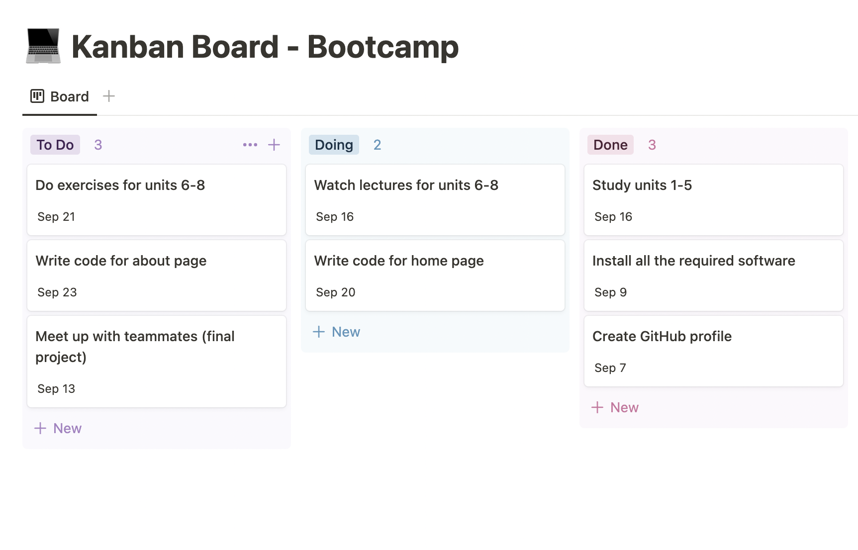 Kanban board which lists typical bootcamp tasks, like studying units or preparing projects, in three columns: to do, doing, and done.