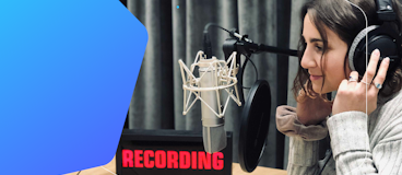 Header picture of a woman recording a podcast