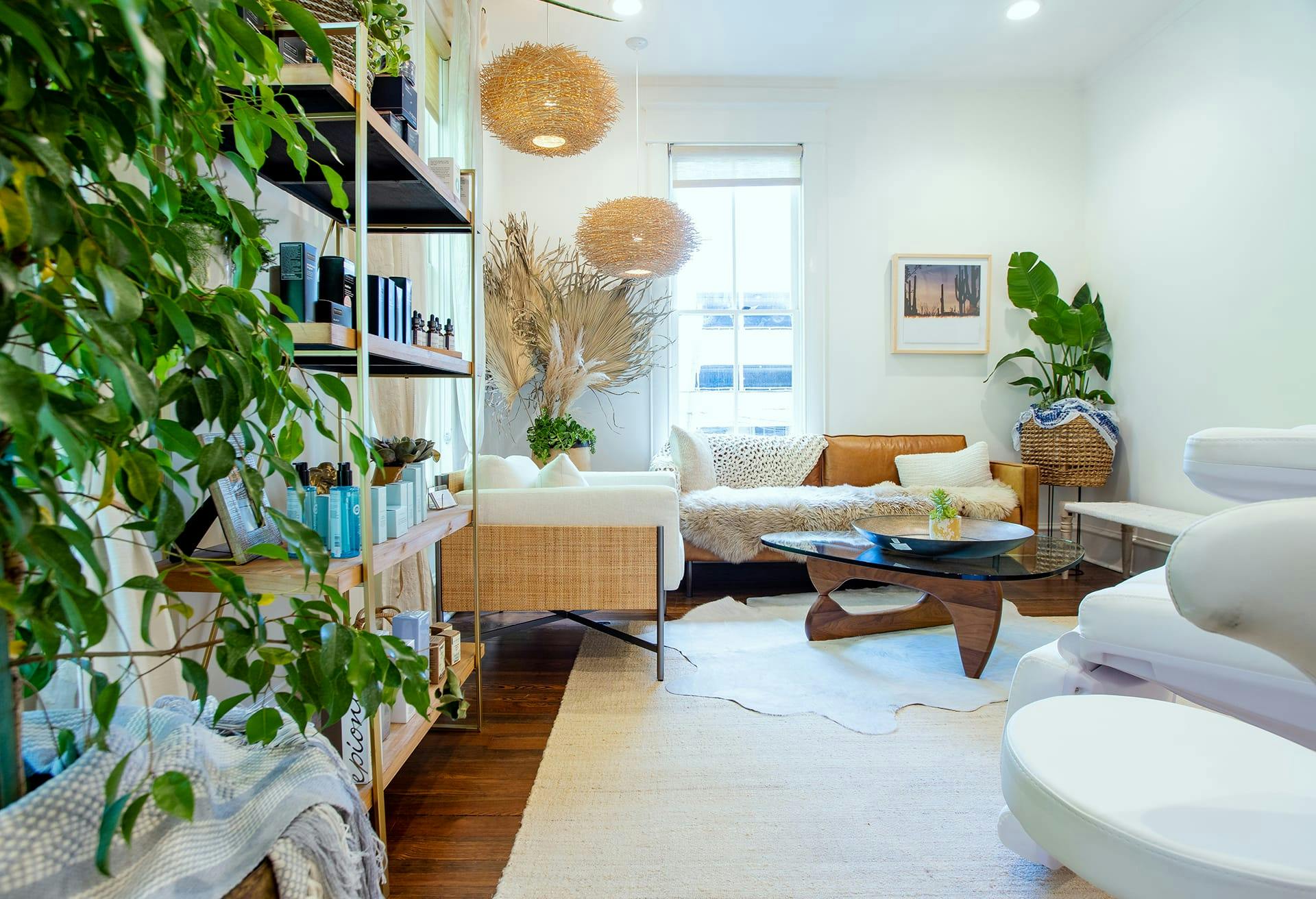 waiting room with skincare shelf on the side
