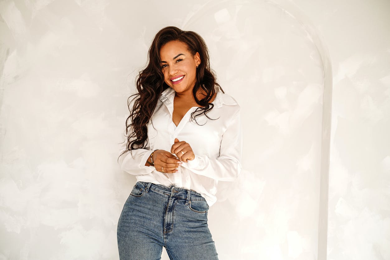 woman in white button down