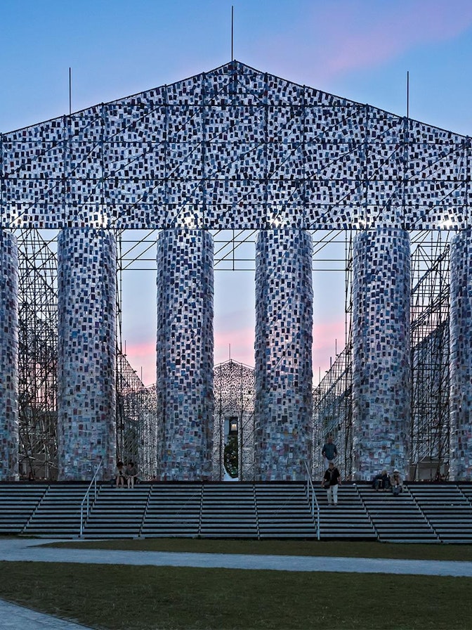 Picture: NUSSLI built a gigantic scaffolding framework to serve as the basic structure for "The Parthenon of Books". Picture: NUSSLI built a gigantic scaffolding framework to serve as the basic structure for "The Parthenon of Books".