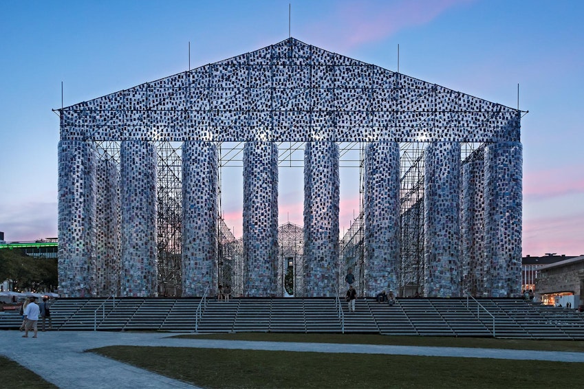Picture: NUSSLI built a gigantic scaffolding framework to serve as the basic structure for "The Parthenon of Books".