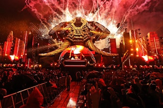 Picture: A gigantic, 21-meter high elephant head dominated the main stage of the Electric Zoo Festival 2017.