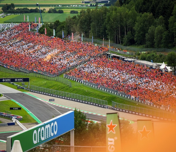 Image: For the Formula 1 Austrian Grand Prix in Spielberg, NUSSLI realized several grandstands, bridges, and an archway. Image: For the Formula 1 Austrian Grand Prix in Spielberg, NUSSLI realized several grandstands, bridges, and an archway.
