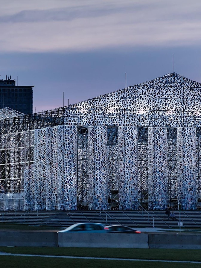 Picture: NUSSLI built a gigantic scaffolding framework to serve as the basic structure for "The Parthenon of Books". Picture: NUSSLI built a gigantic scaffolding framework to serve as the basic structure for "The Parthenon of Books".