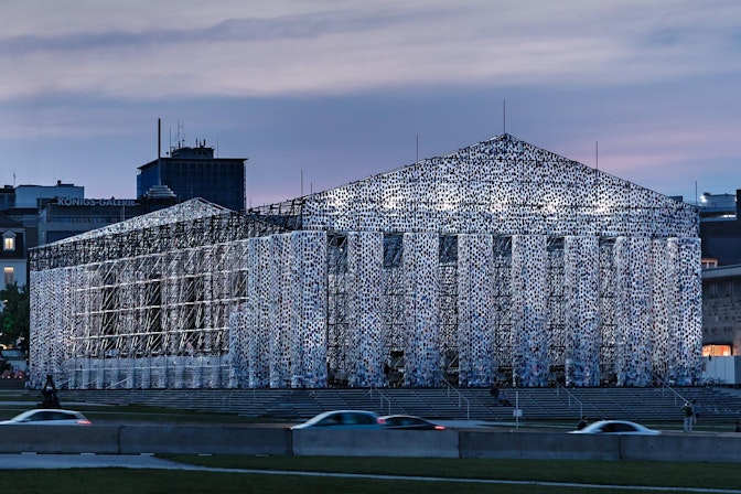 Picture: NUSSLI built a gigantic scaffolding framework to serve as the basic structure for "The Parthenon of Books".