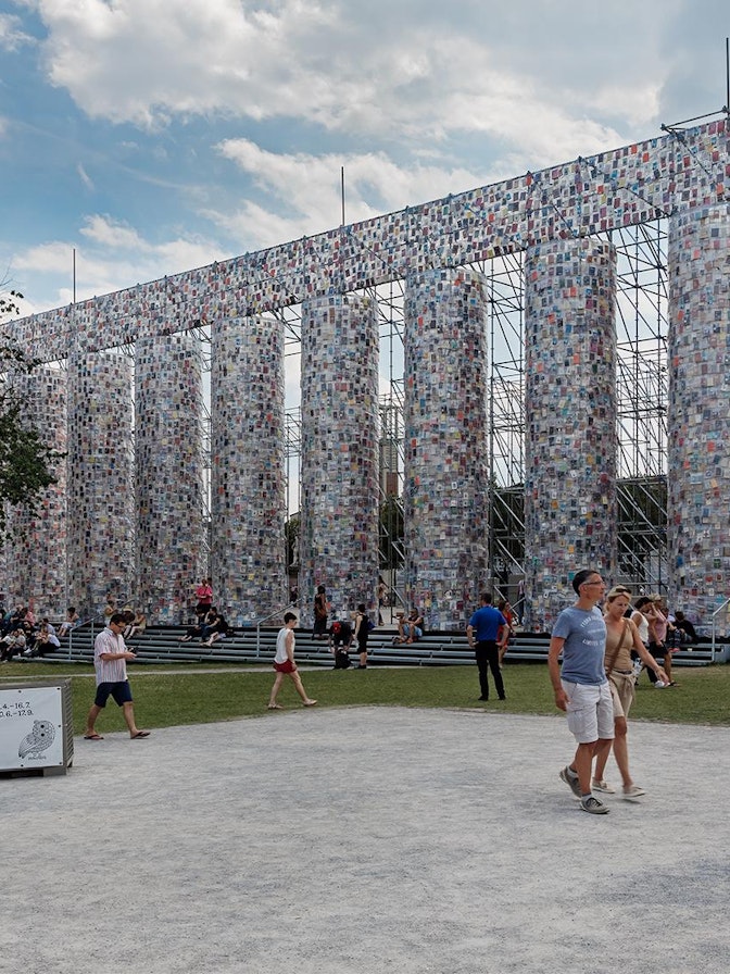 Picture: NUSSLI built a gigantic scaffolding framework to serve as the basic structure for "The Parthenon of Books". Picture: NUSSLI built a gigantic scaffolding framework to serve as the basic structure for "The Parthenon of Books".