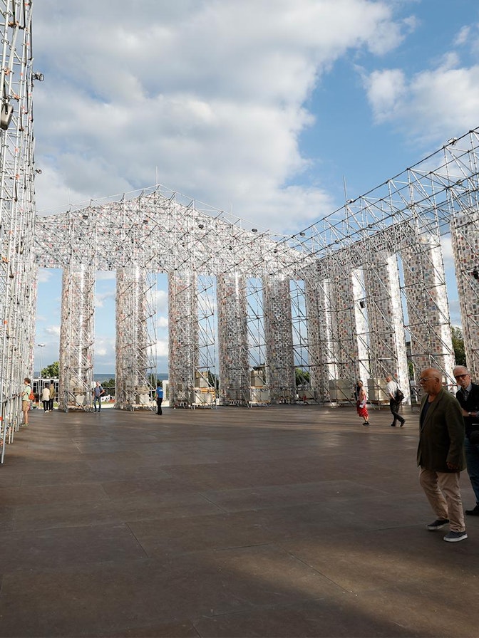 Picture: NUSSLI built a gigantic scaffolding framework to serve as the basic structure for "The Parthenon of Books". Picture: NUSSLI built a gigantic scaffolding framework to serve as the basic structure for "The Parthenon of Books".
