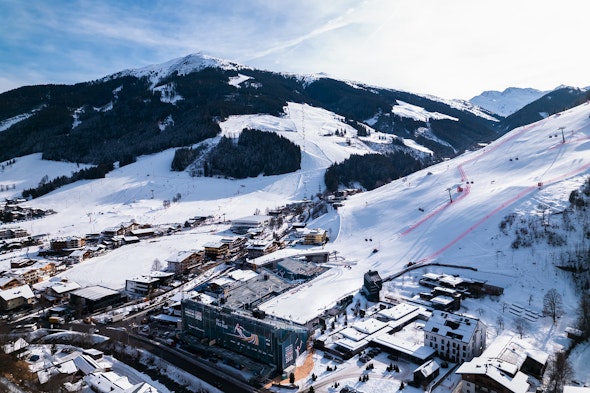 Aerial view of the 2025 FIS Alpine World Ski Championships in Saalbach-Hinterglemm, showing the finish area and race course