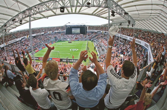 The NÜSSLI Event Arena was packed during the Adidas World of Football Fan Fest for the 2006 FIFA World Cup in Berlin.