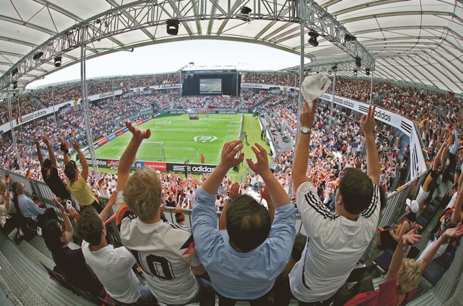 The NÜSSLI Event Arena was packed during the Adidas World of Football Fan Fest for the 2006 FIFA World Cup in Berlin.