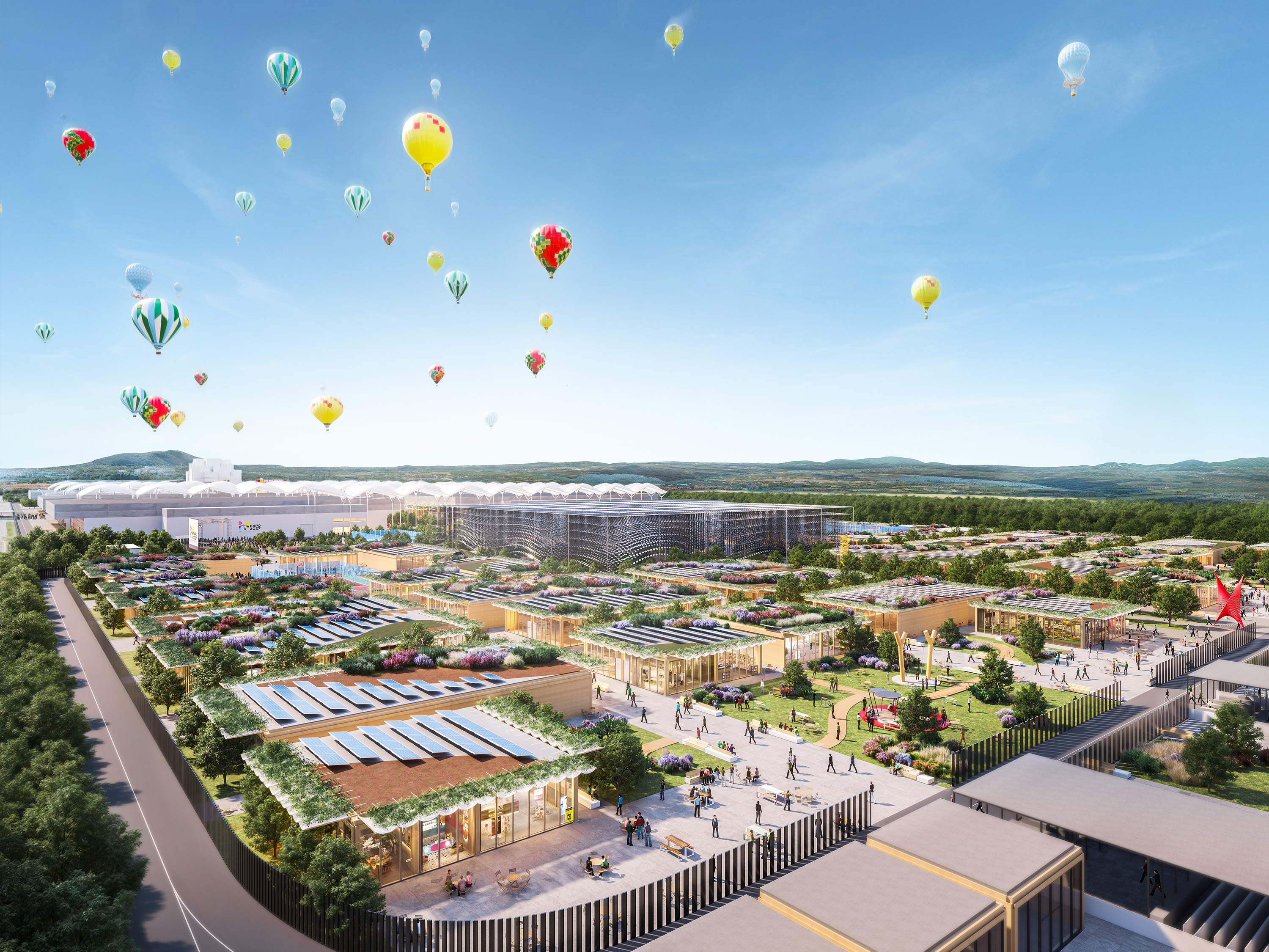 Visualisierung des Expo 2027 Geländes in Belgrad mit Pavillons und Ausstellungsflächen