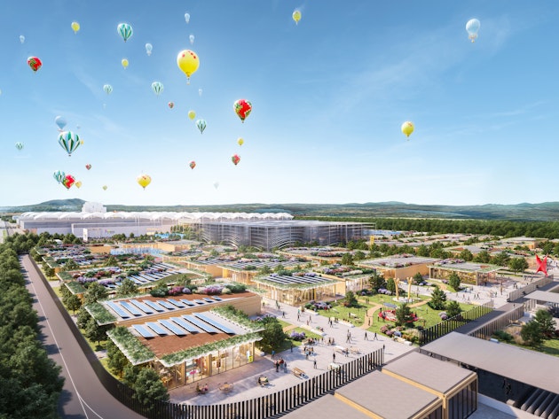 Visualization of the Expo 2027 site in Belgrade with pavilions and exhibition areas