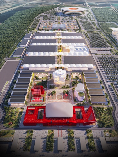 Luftperspektive der Expo 2027 Belgrad – Übersicht über das Ausstellungsgelände der Internationalen Spezialausstellung