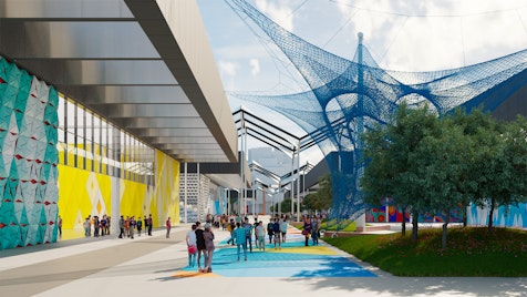 Architektonische Darstellung der Pavillonzone an der Expo 2027 Belgrad, Serbien