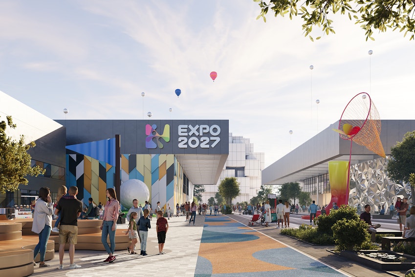 Expo 2027 Belgrad – Geländevisualisierung mit Länderpavillons und öffentlichen Ausstellungsbereichen