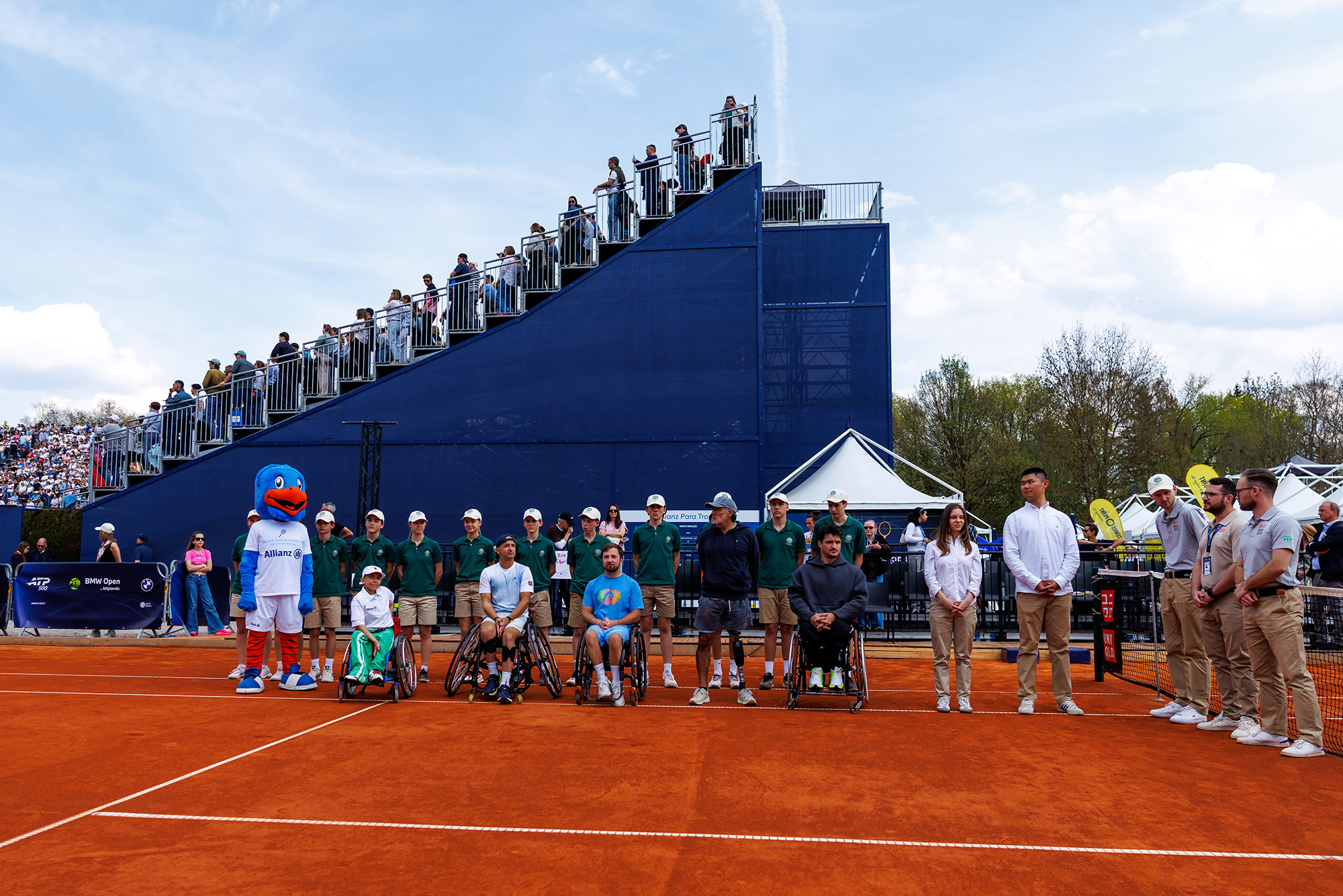 Modular grandstands and hospitality areas at the tennis tournament.