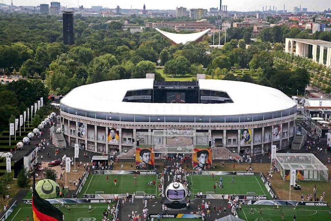 Exterior view of the temporary "adidas World of Football" arena for the 2006 FIFA World Cup in Berlin