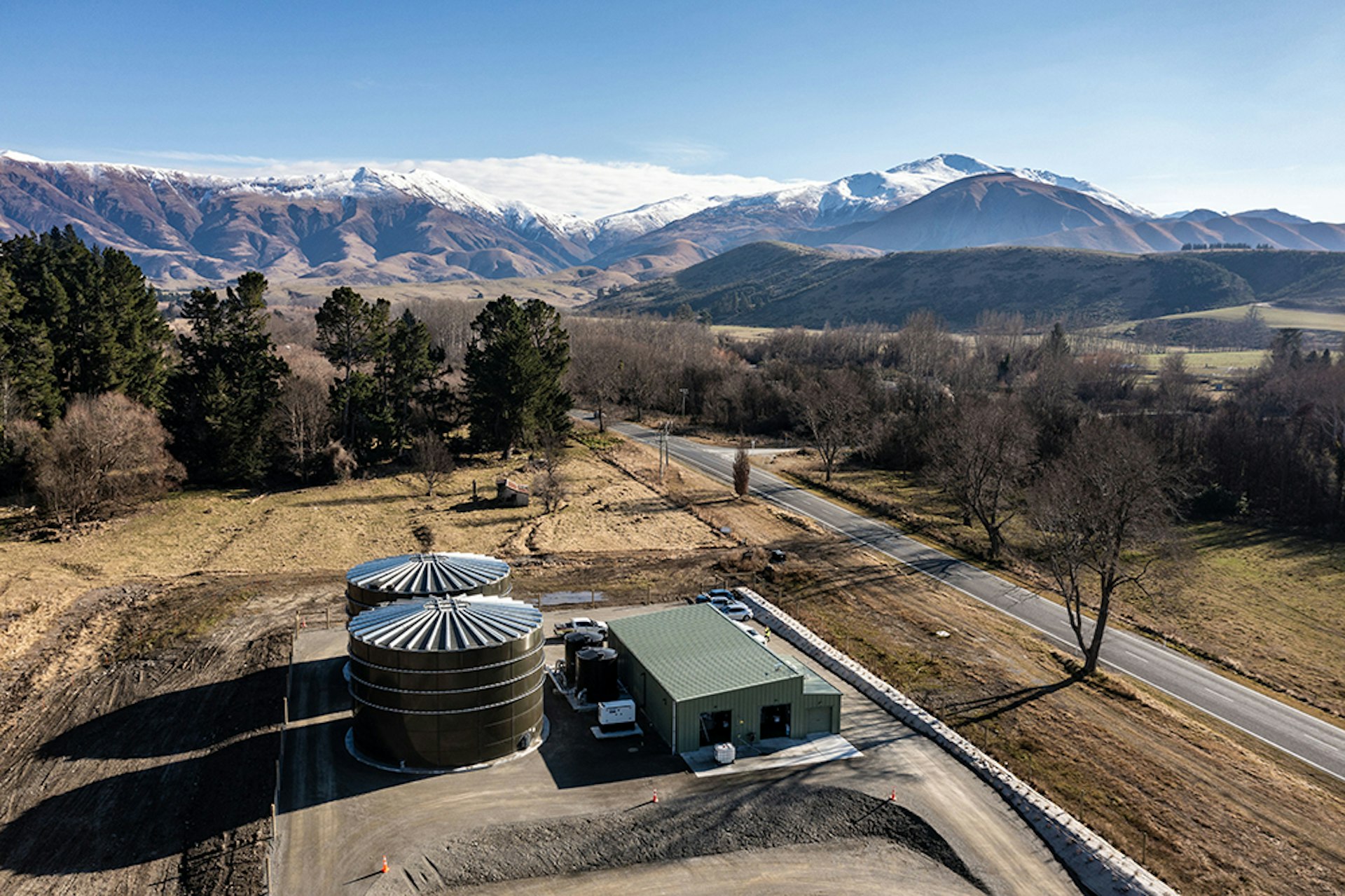 Aerial view of the Fairlie ultrafiltration water treatment plant in Canterbury, New Zealand, serving Fairlie and Kimbell communities