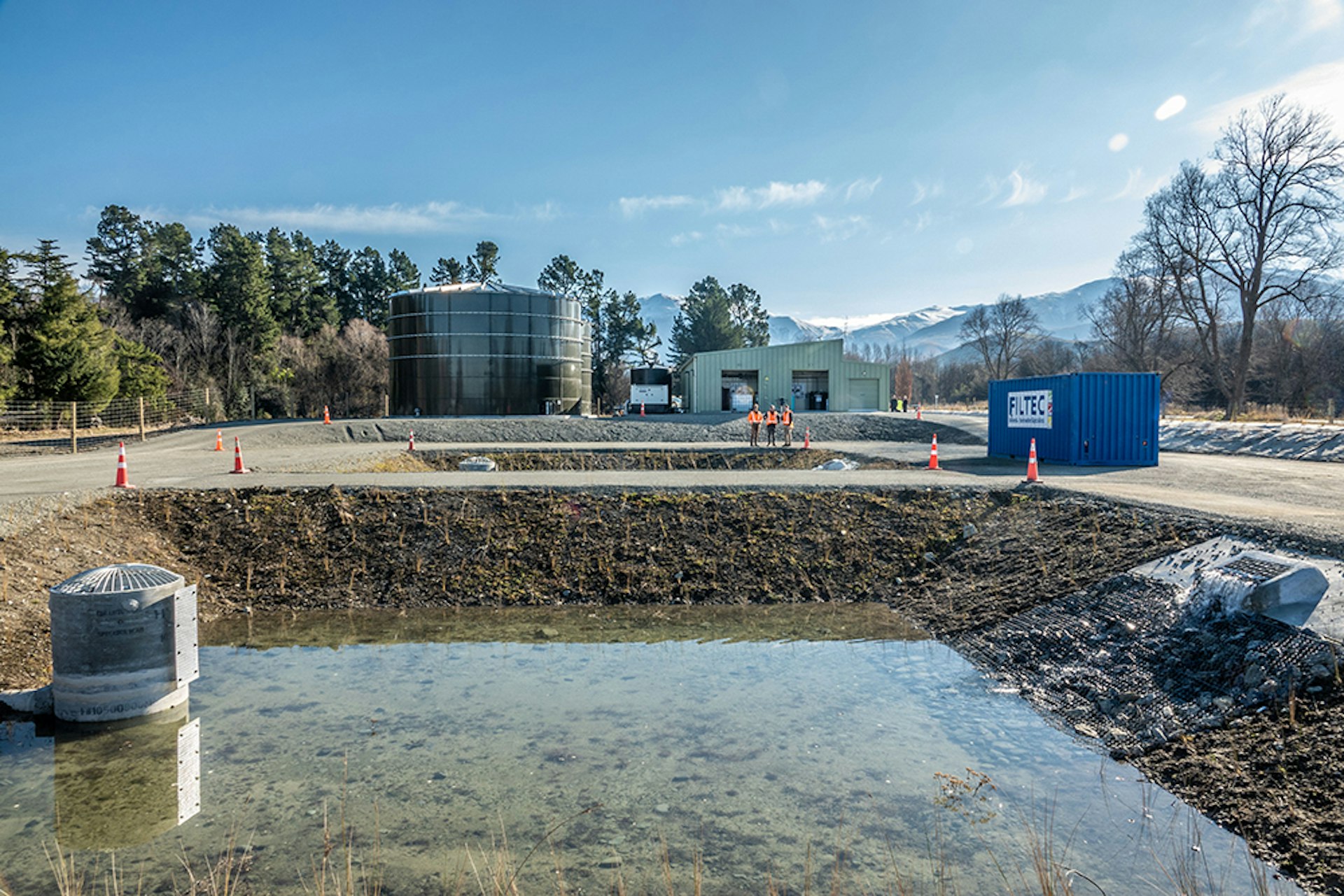 Settlement ponds at the plant supporting the ultrafiltration treatment process in Canterbury, New Zealand.