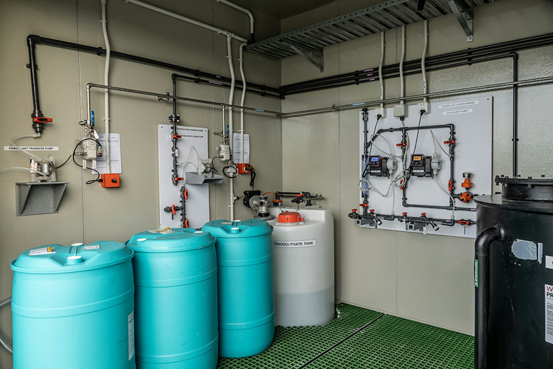 Chlorination dosing system at plant providing secondary disinfection for drinking water compliance.