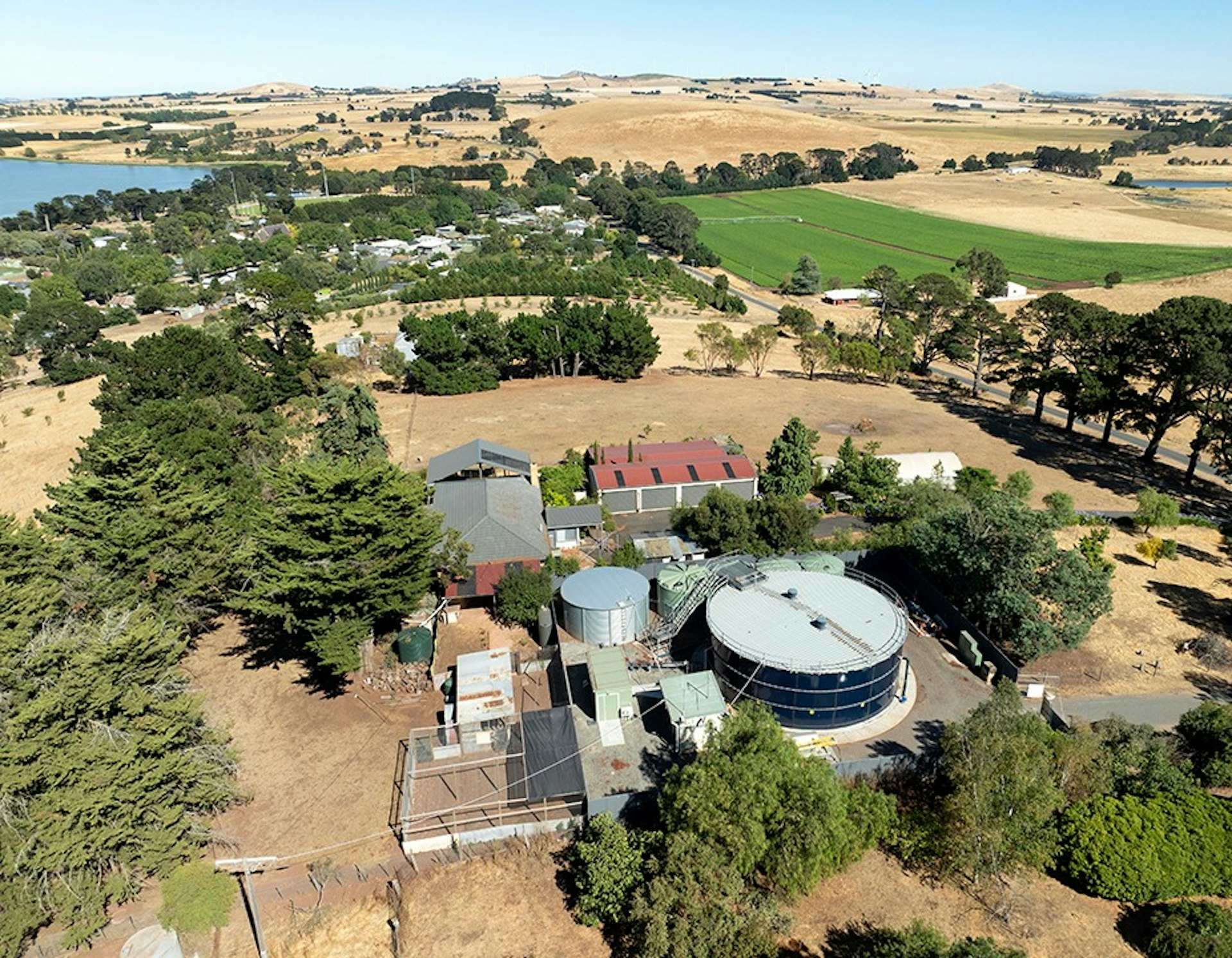 Aerial view of Learmonth Water Treatment facility and surrounding Victorian landscape. Aerial view of Learmonth Water Treatment facility and surrounding Victorian landscape.