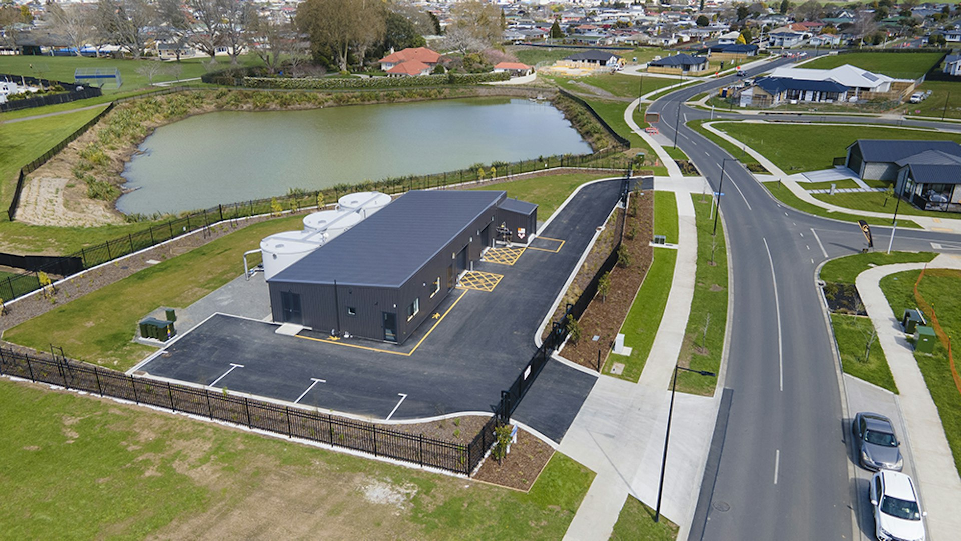 Aerial view of the Lockerbie Water Treatment Plant within the residential subdivision.