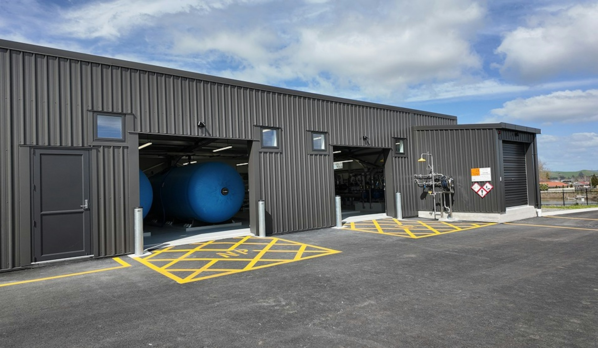Exterior view of the Drinking Water Plant building in Morrinsville, Waikato.