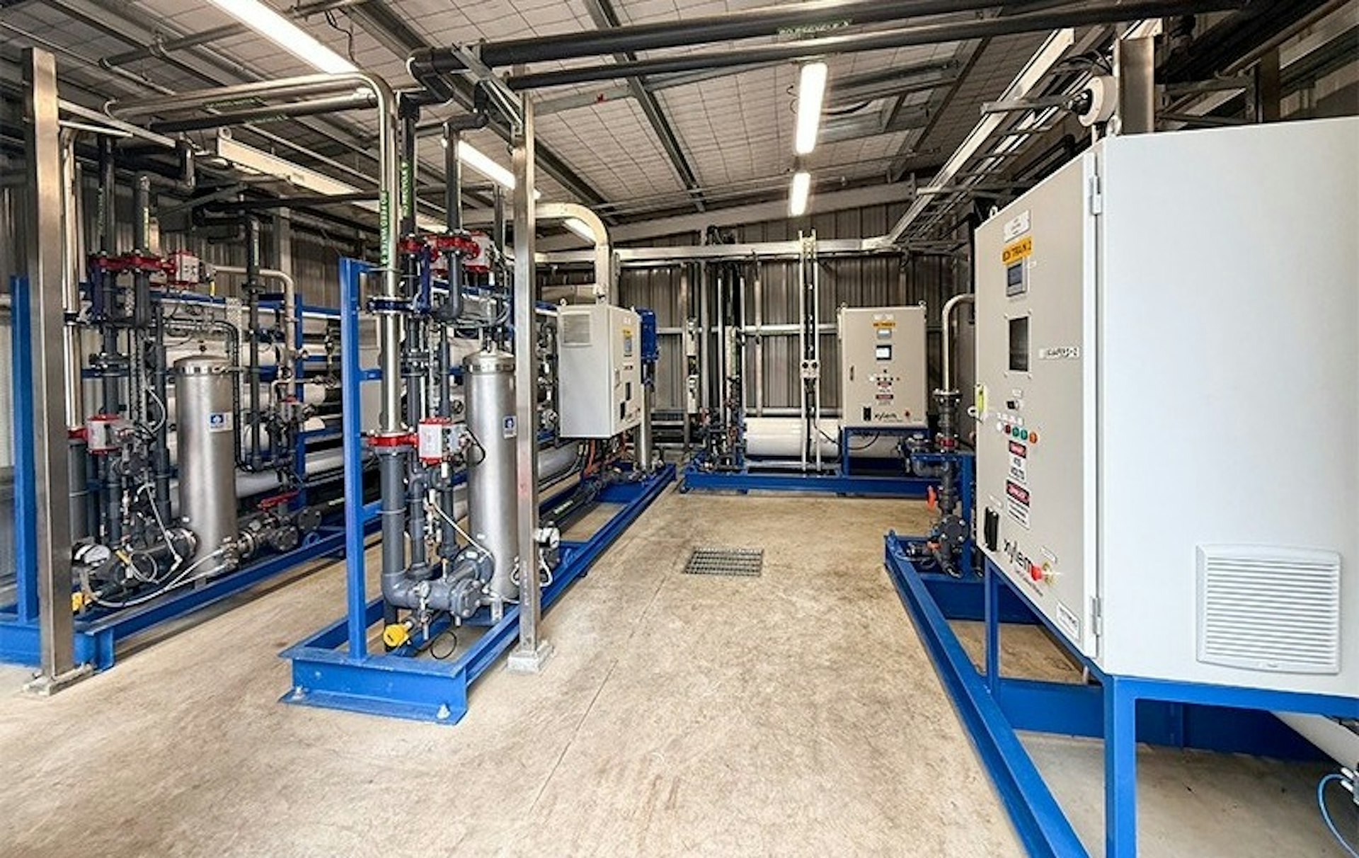 Water treatment plant room at Fonterra Edendale showing dual-train RO-EDI boiler feedwater system and process layout