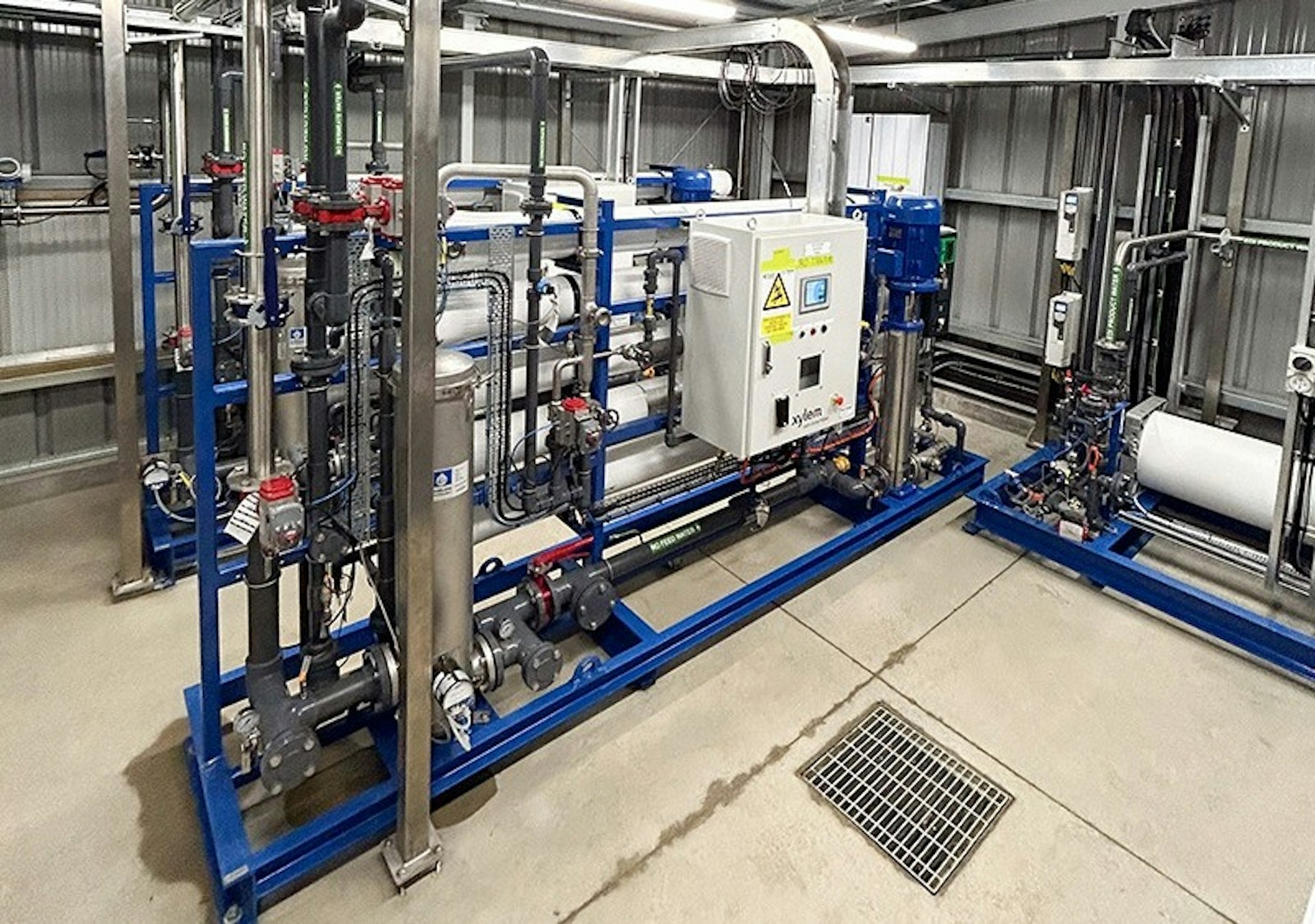 Front view of RO-EDI system at Fonterra Edendale including reverse osmosis membranes, pumps and electrodeionisation unit