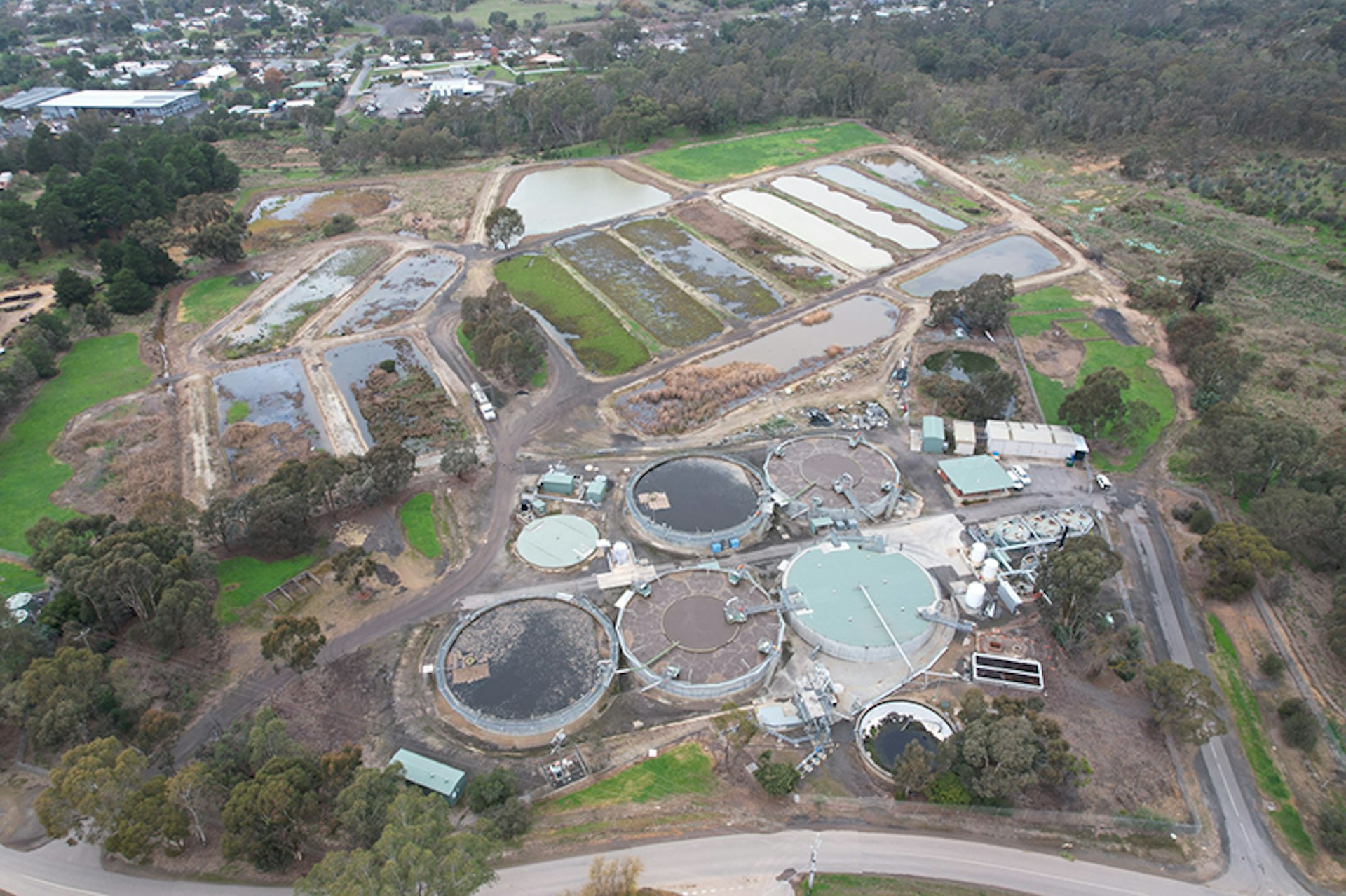 Aerial view of Castlemaine Water Reclamation Plant in Victoria showing wastewater treatment and reuse infrastructure