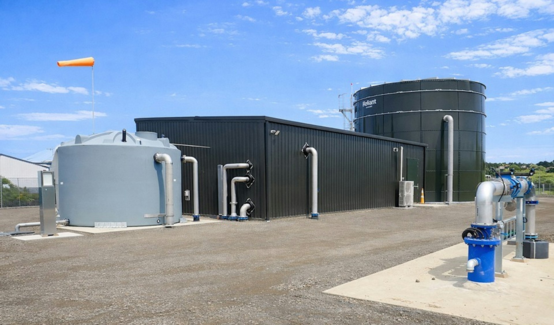 Rear view of the Roots Street multi-barrier treatment facility in Feilding.