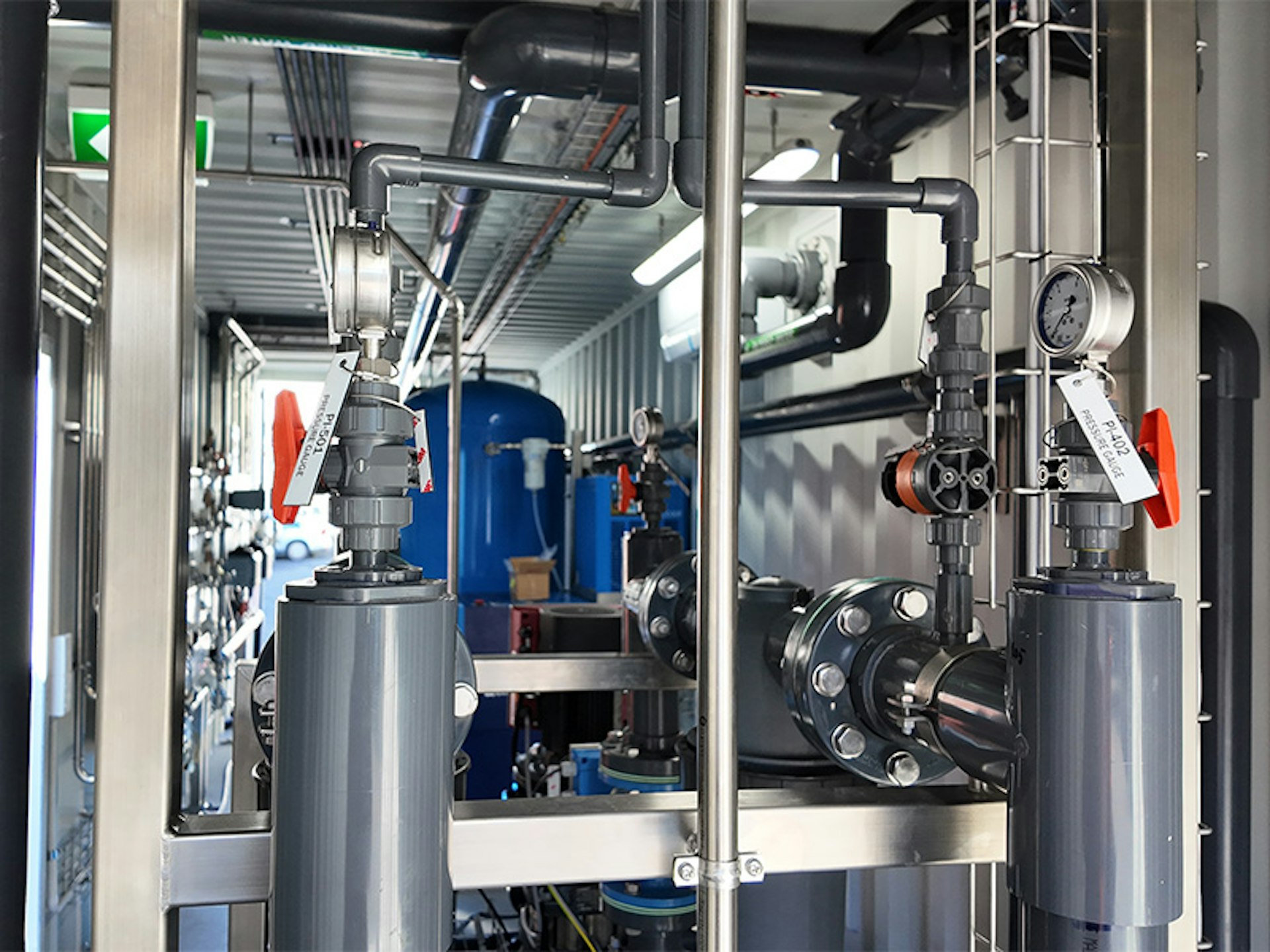 Process pipework and valve assemblies inside a containerised ultrafiltration system fabricated by FILTEC