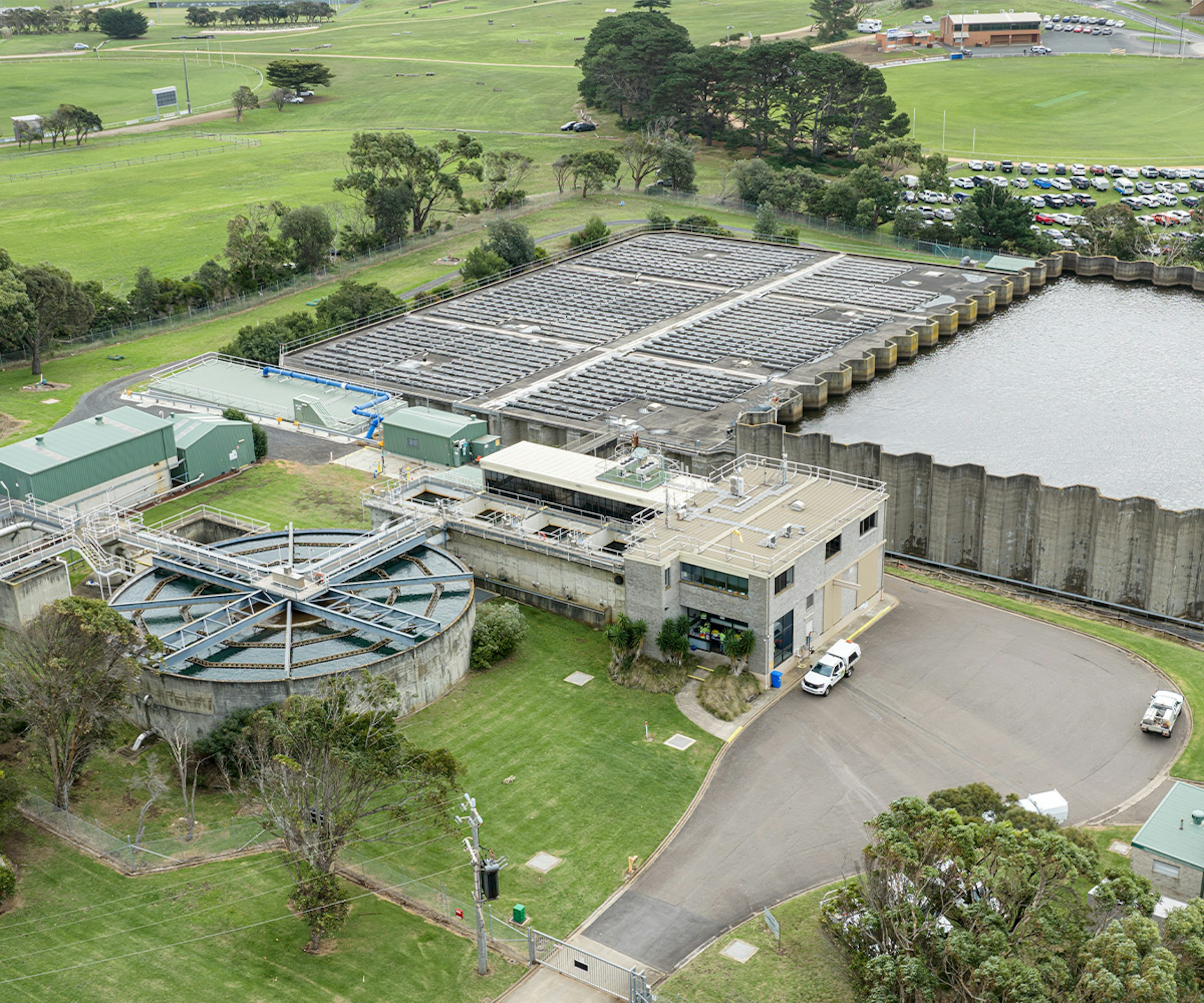 Aerial image of Warrnambool Water Treatment Plant and surrounding treatment infrastructure