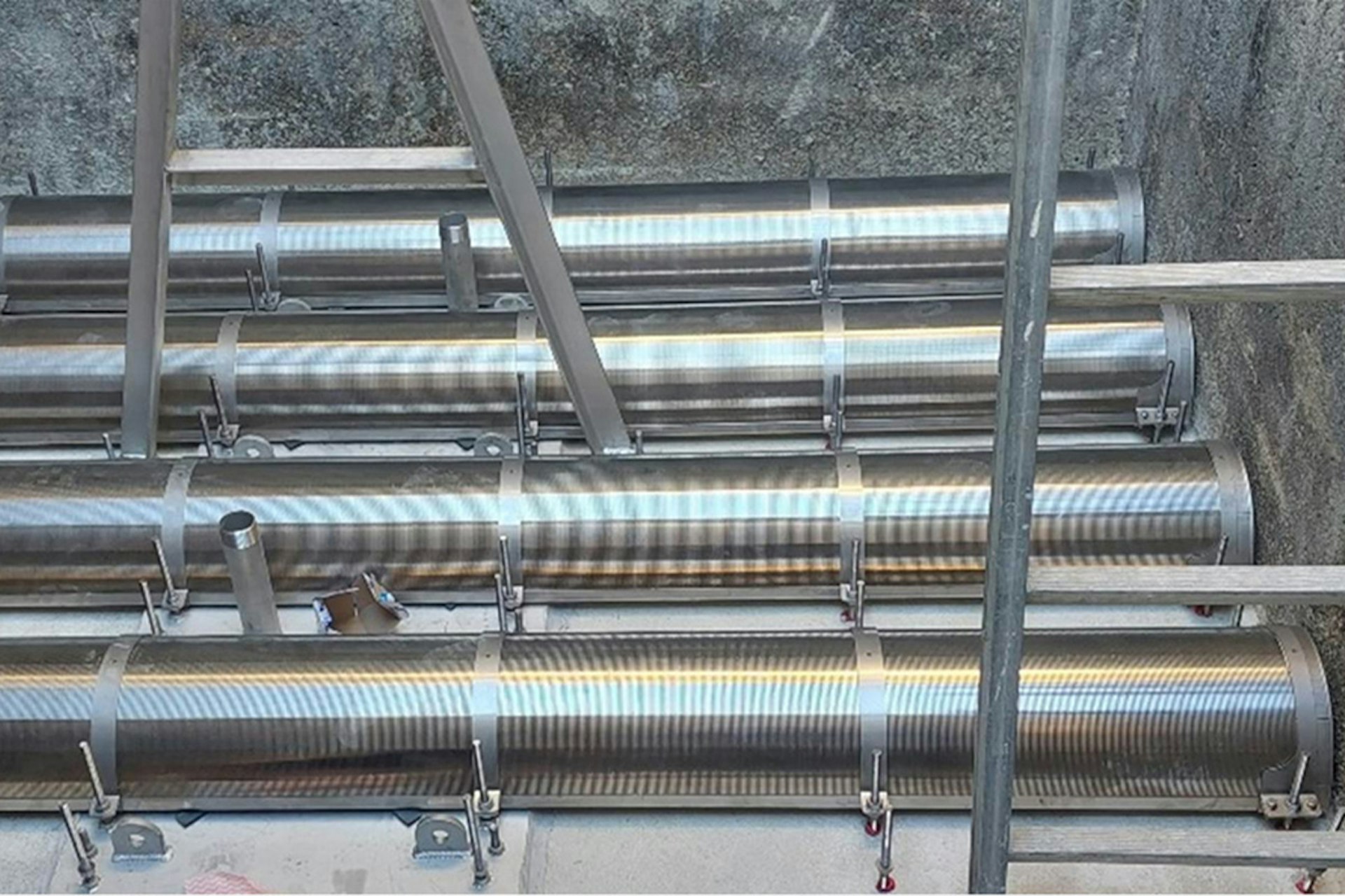 Stainless-steel filter underdrain system installed as part of a water treatment plant refurbishment