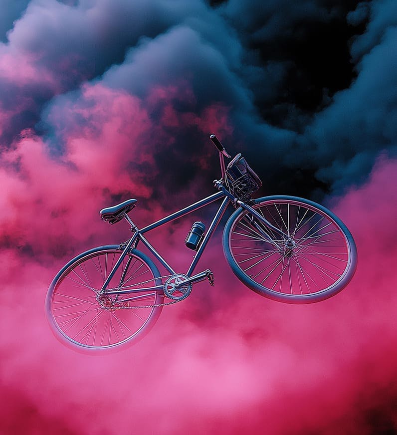 bicycle floating with smoke around it