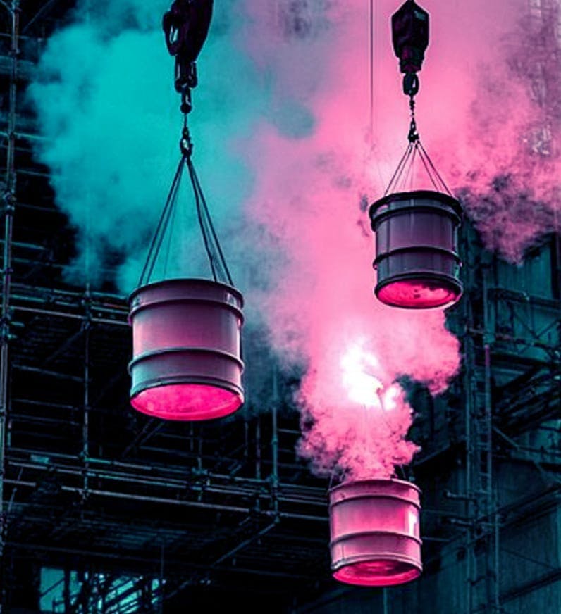 barrels with pink and blue powder shooting out of them while hanging in the air